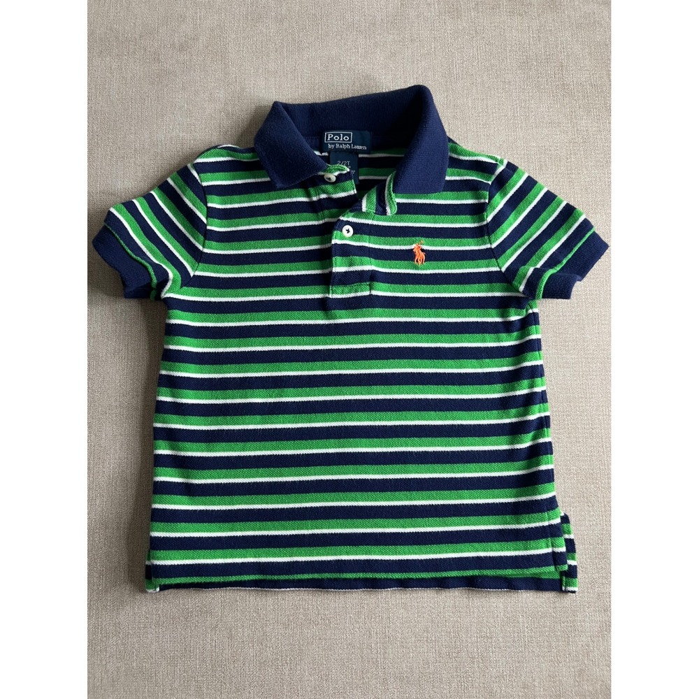 Polo Ralph Lauren Boys 2T Striped Polo Shirt Navy Blue Green Cotton Short Sleeve